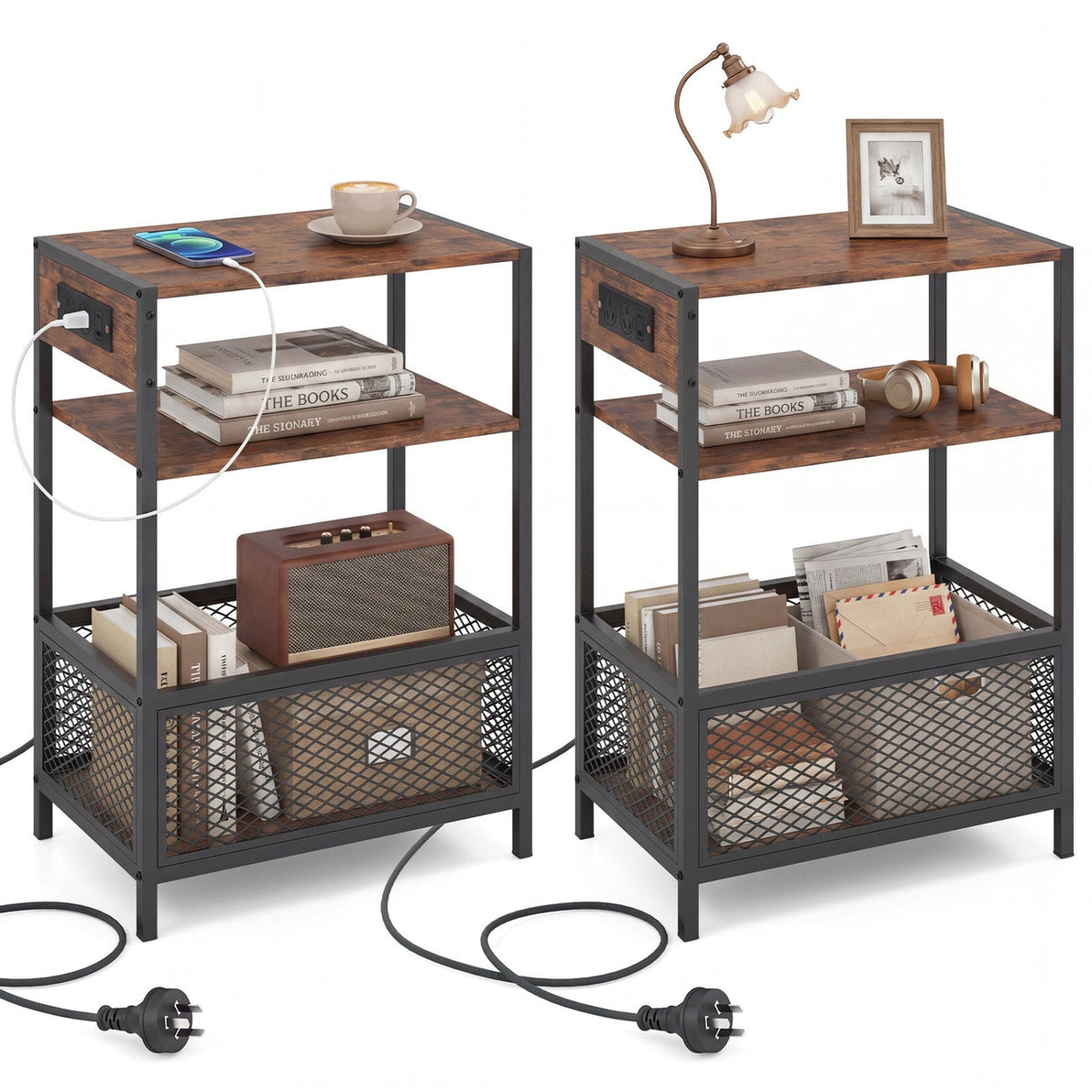 Industrial Side Table with USB-C & AC Outlets, 3-Tier; wood top, metal frame; two units shown on Tampa Home & Garden Store