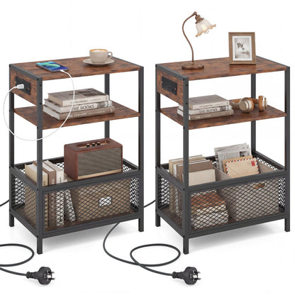Industrial Side Table with USB-C & AC Outlets, 3-Tier; wood top, metal frame; two units shown on Tampa Home & Garden Store