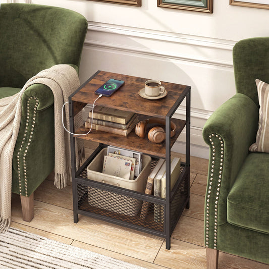 Industrial side table with charging station, wooden top and black metal frame DirectDeals on Tampa Home & Garden Store