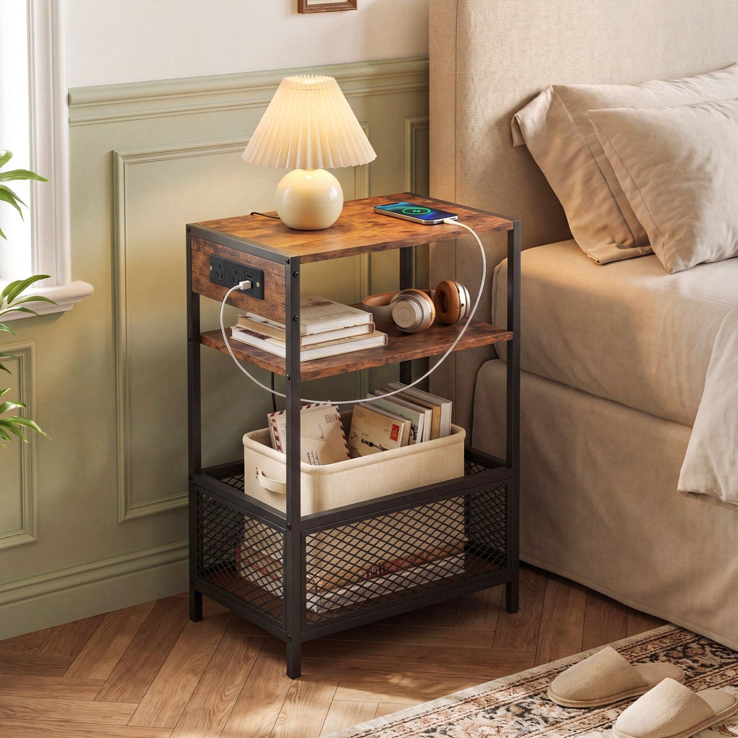 Industrial Side Table with Built-In Charging Station, wood top, black metal frame, outlets, DirectDeals on Tampa Home & Garden Store