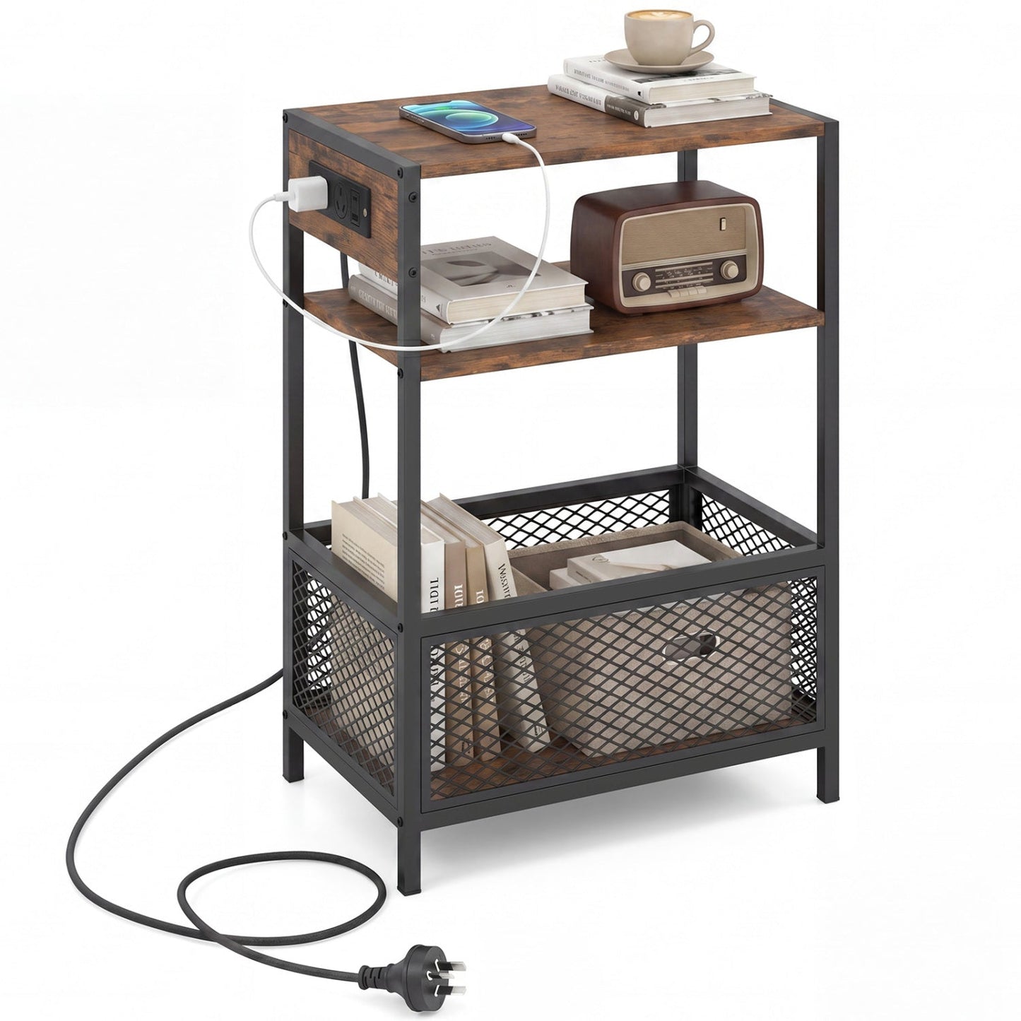 DirectDeals Industrial Side Table with Built-In Charging Station, wood top, metal frame on Tampa Home & Garden Store