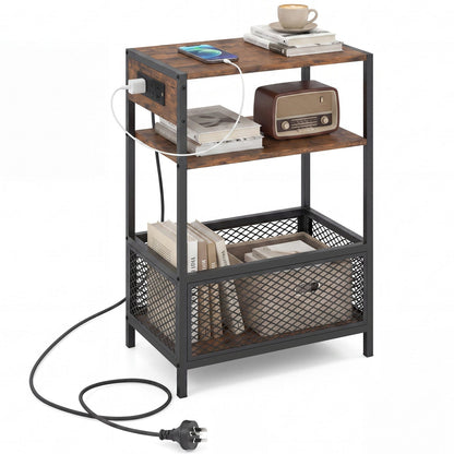 DirectDeals Industrial Side Table with Built-In Charging Station, wood top, metal frame on Tampa Home & Garden Store