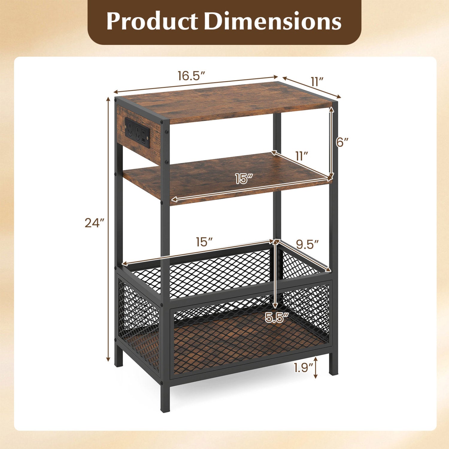 Industrial Side Table with Built-In Charging Station, DirectDeals, brown wood top, black metal frame, mesh lower shelf on Tampa Home & Garden Store