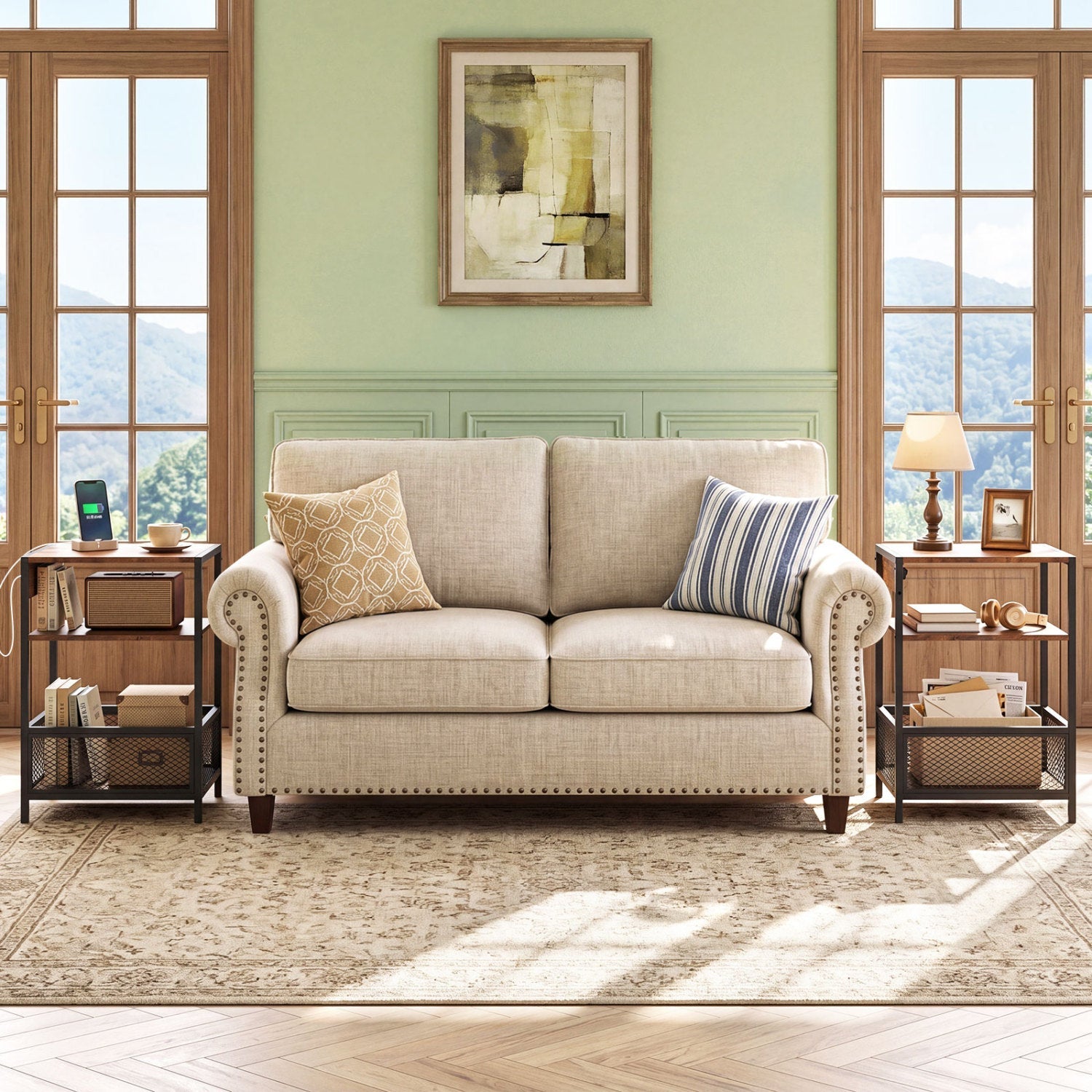 Industrial side tables with built-in charging stations, wood tops and metal frames beside sofa on Tampa Home & Garden Store