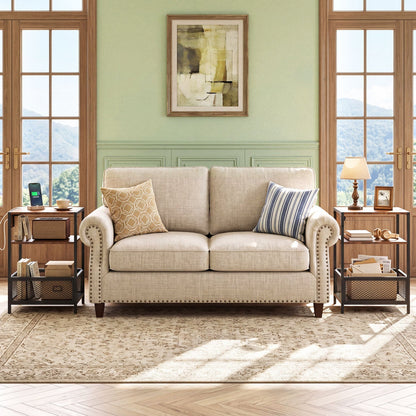 Industrial side tables with built-in charging stations, wood tops and metal frames beside sofa on Tampa Home & Garden Store