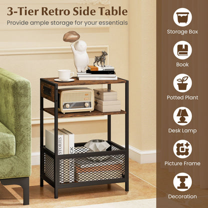 Industrial 3-tier side table with built-in charging station DirectDeals metal frame, wood shelves on Tampa Home & Garden Store