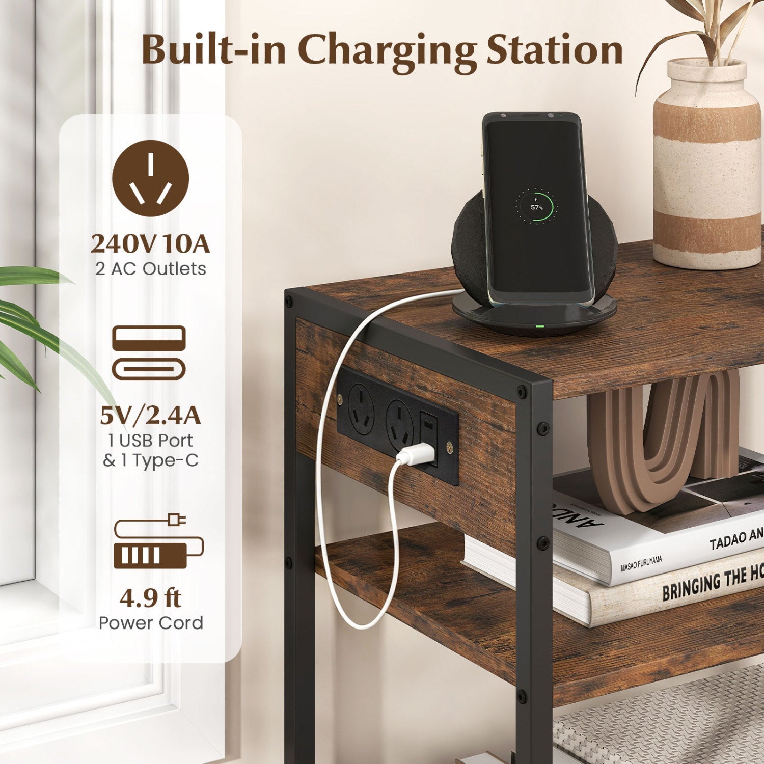 Industrial side table with charging station, black frame, 2 AC outlets and USB-C/USB-A ports on Tampa Home & Garden Store