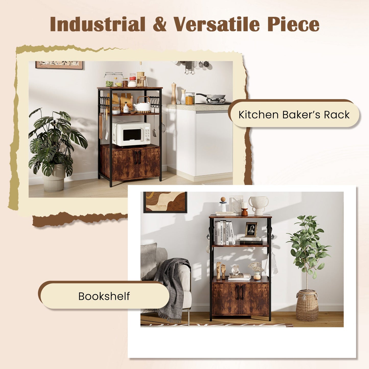 3-Tier Kitchen Baker’s Rack with Cabinet and 2 Open Shelves-Brown