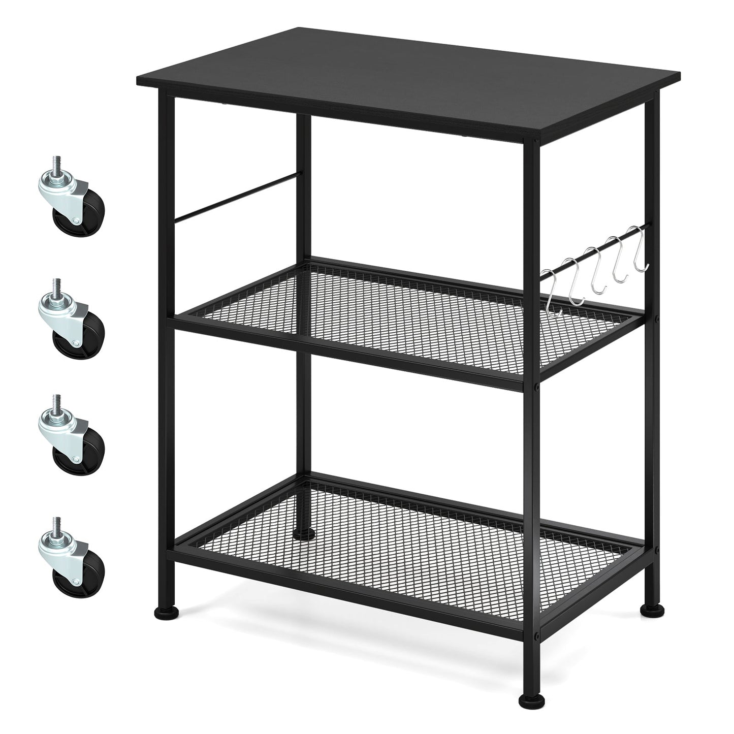 Carrito de servicio de cocina de 3 niveles, estante utilitario para microondas con ganchos, marrón