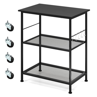 Carrito de servicio de cocina de 3 niveles, estante utilitario para microondas con ganchos, marrón
