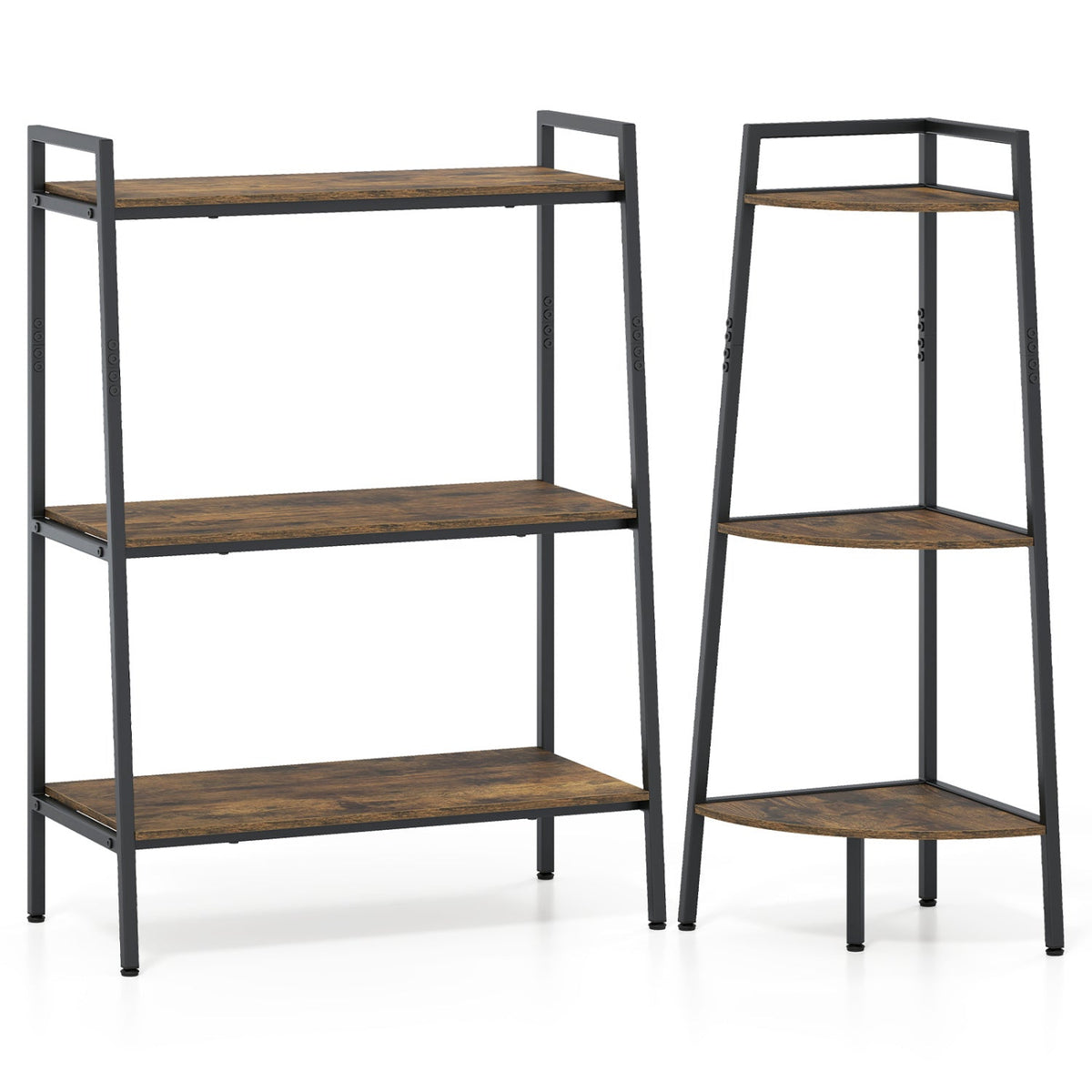 3-Tier Ladder & Corner Shelf Set with Metal Frame, dark gray frame, wood shelves, 2-piece set on Tampa Home & Garden Store