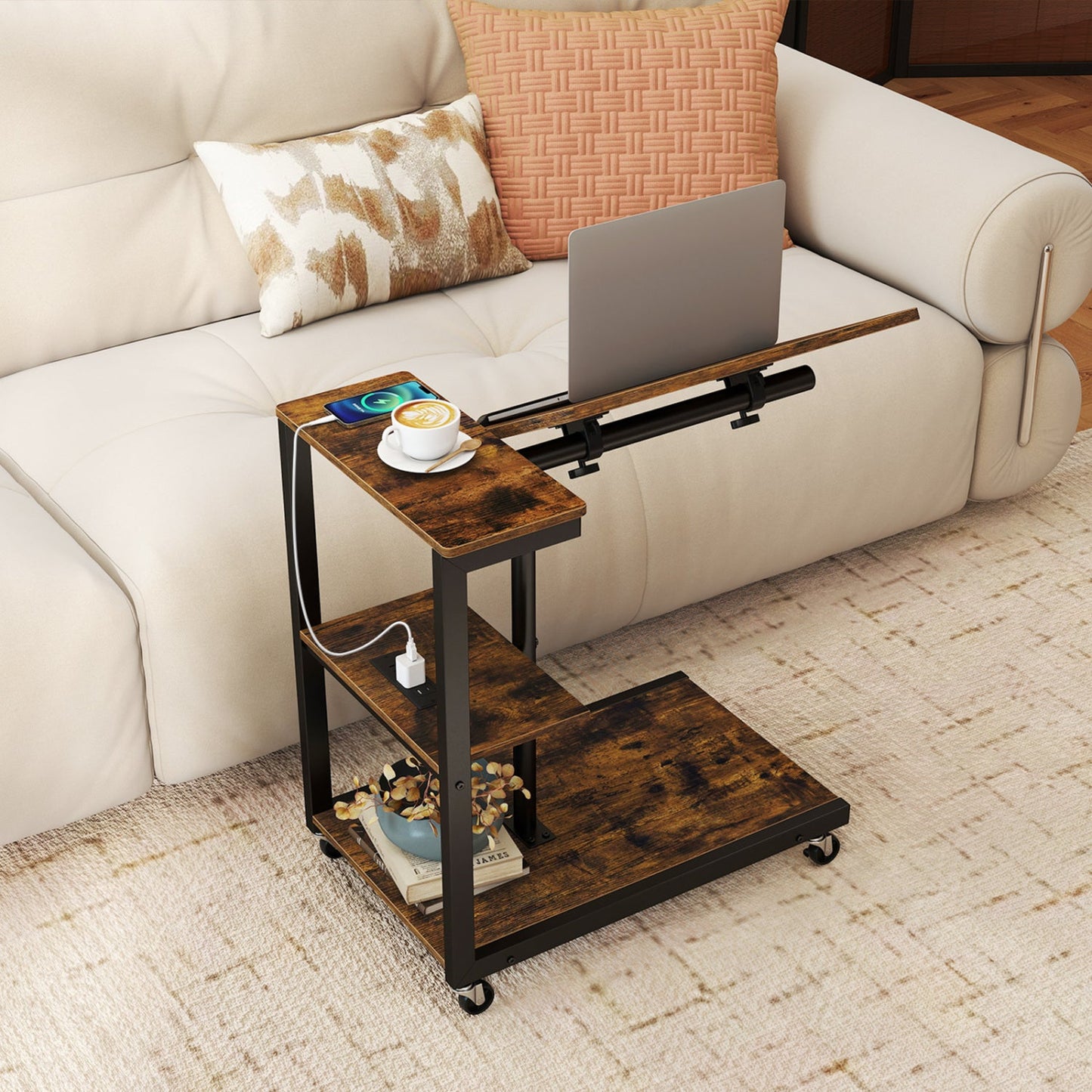 3-Tier Mobile Couch Side Table with Tiltable Tabletop DirectDeals, wood finish on black frame on Tampa Home & Garden Store