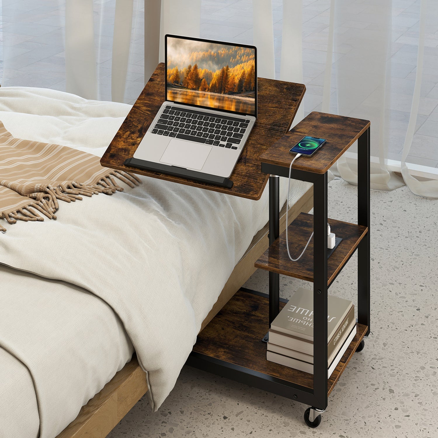 3-Tier Mobile Couch Side Table Tiltable Tabletop wood finish black frame caster wheels laptop on Tampa Home & Garden Store