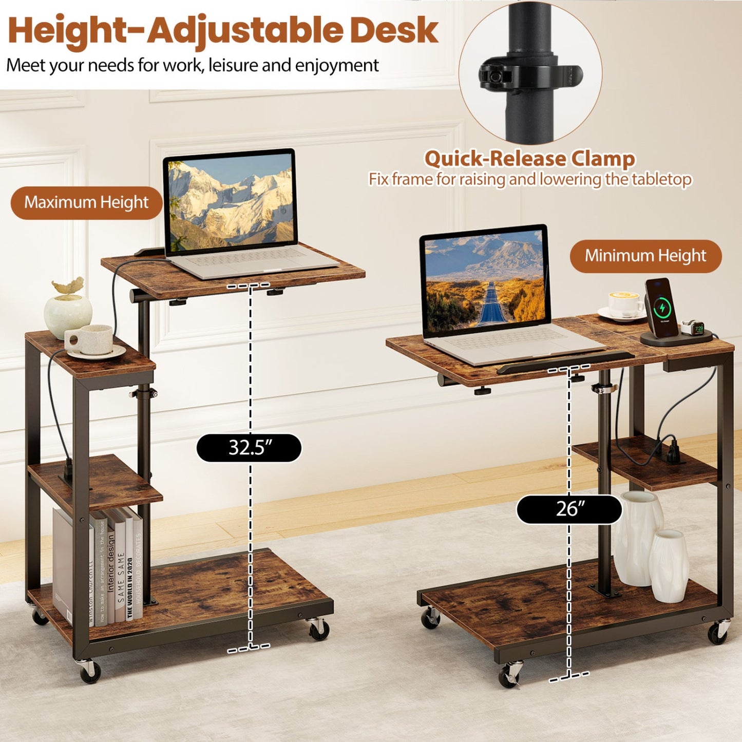 DirectDeals 3-Tier Mobile Couch Side Table with tiltable wooden top on metal frame on Tampa Home & Garden Store