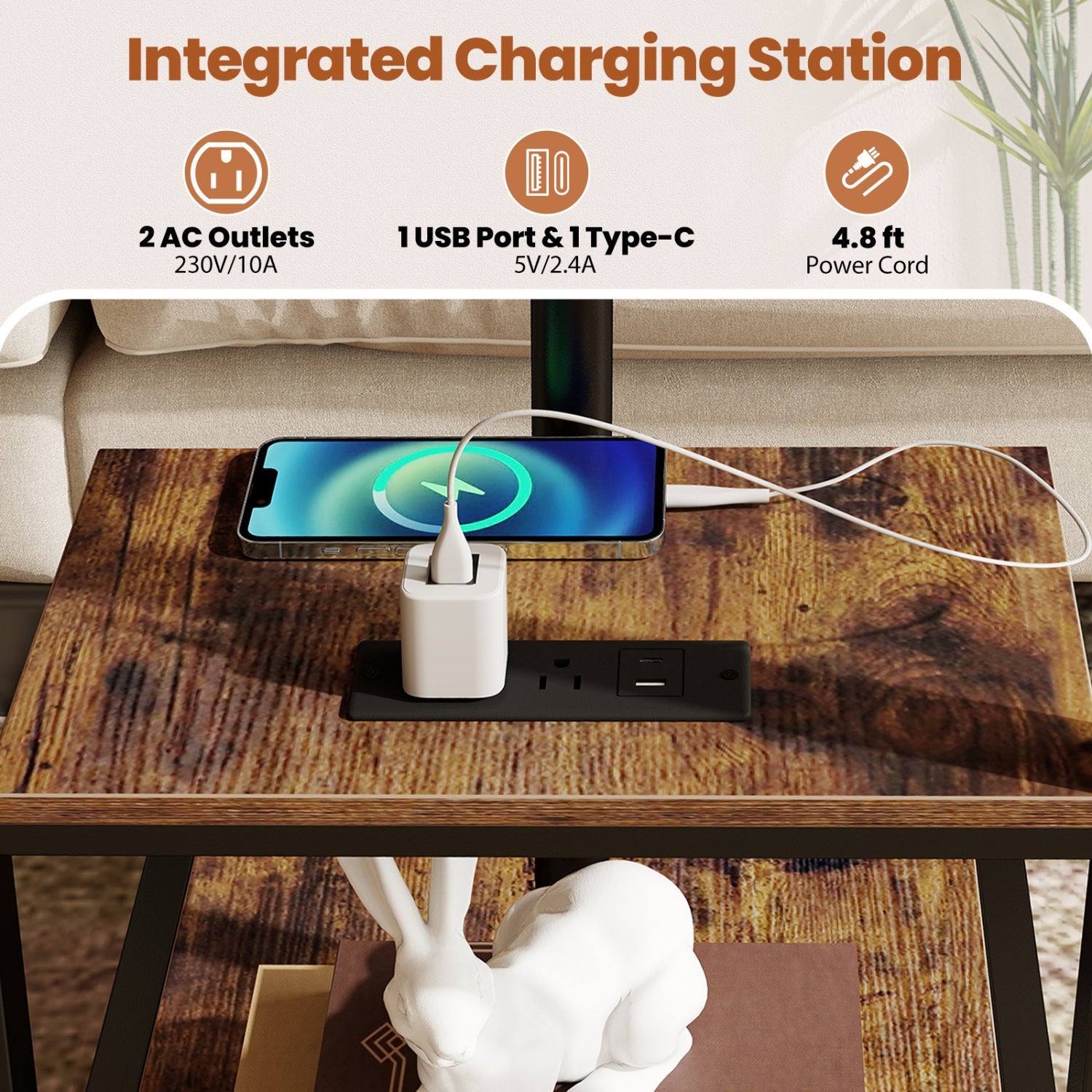 DirectDeals 3-Tier Mobile Couch Side Table with Tiltable Top, charging: 2 AC outlets, USB-C on Tampa Home & Garden Store