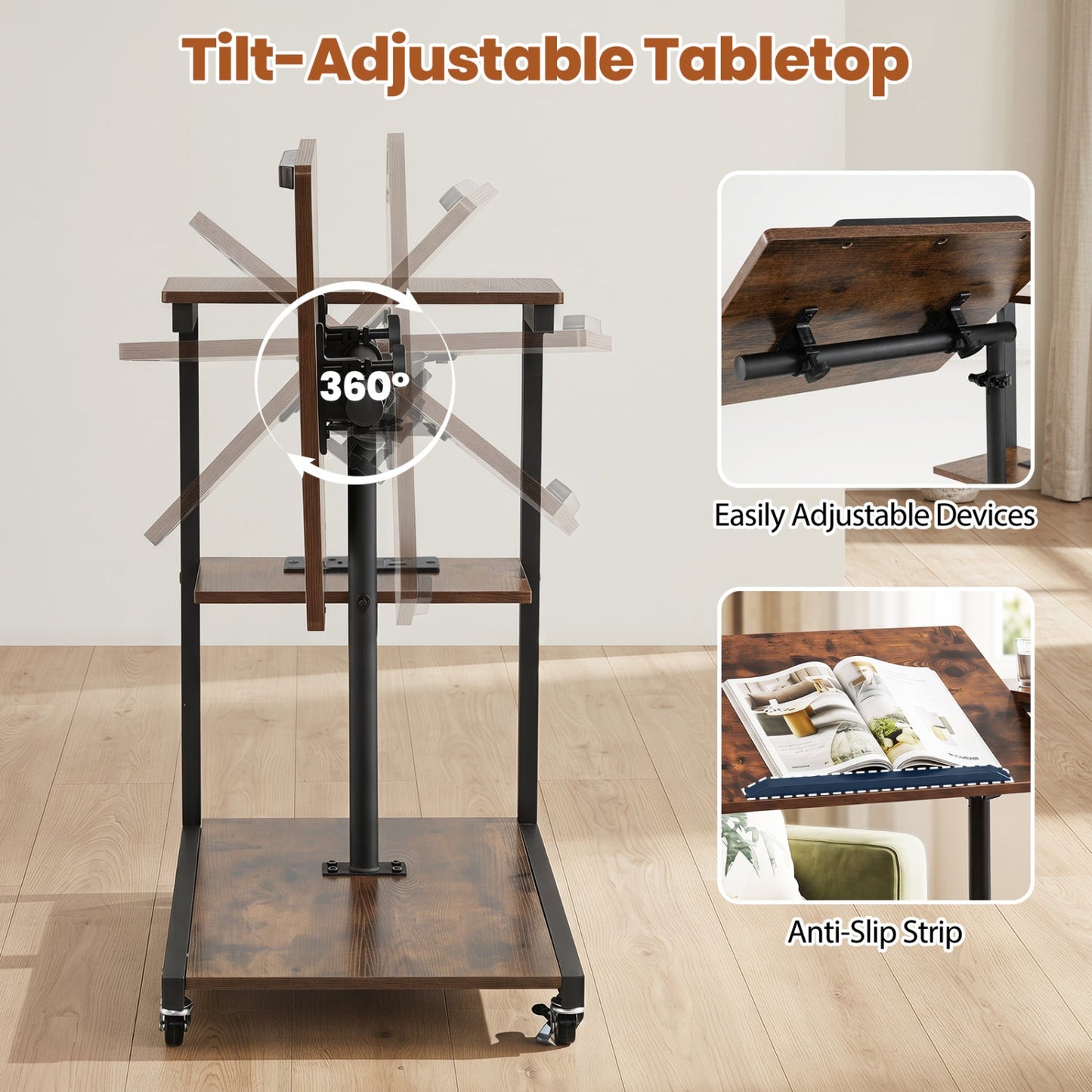 3-Tier Couch Side Table with Tiltable Tabletop by DirectDeals, shelves on frame with wheels on Tampa Home & Garden Store