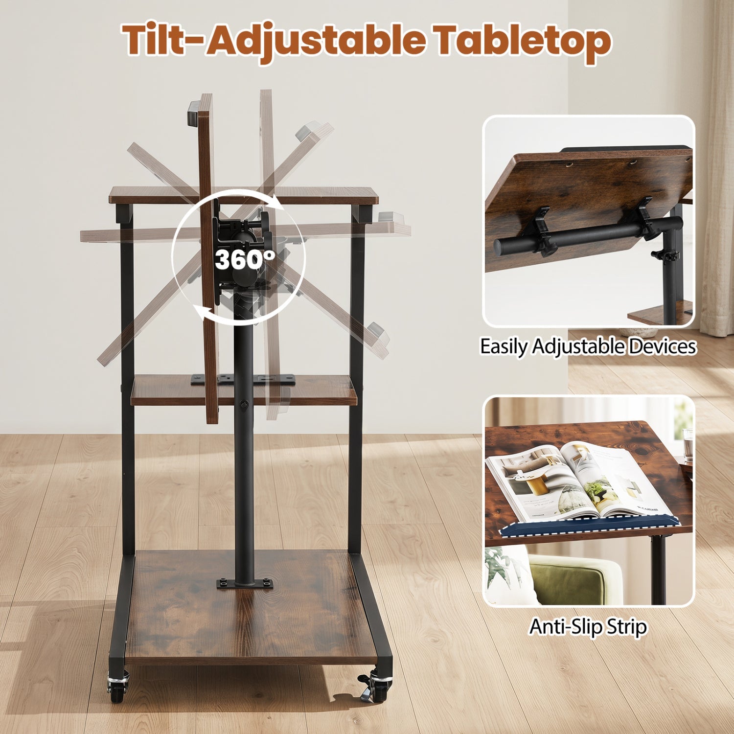 3-Tier Couch Side Table with Tiltable Tabletop by DirectDeals, shelves on frame with wheels on Tampa Home & Garden Store