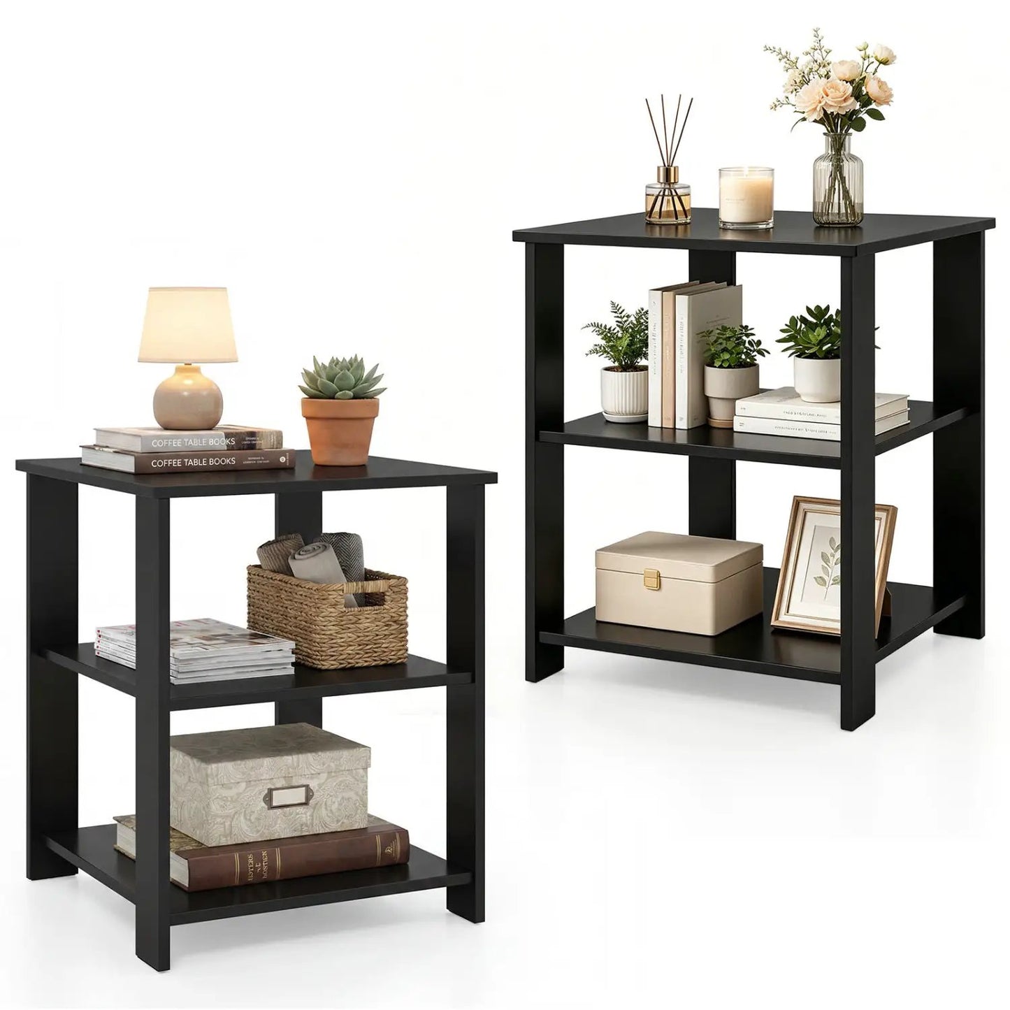 3-Tier Square Side Tables Set of 2 with Shelves