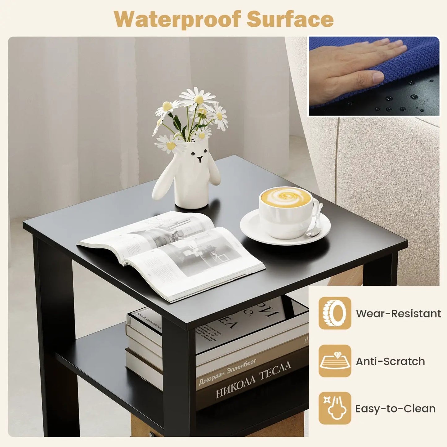 3-Tier Square Side Tables Set of 2 with Shelves