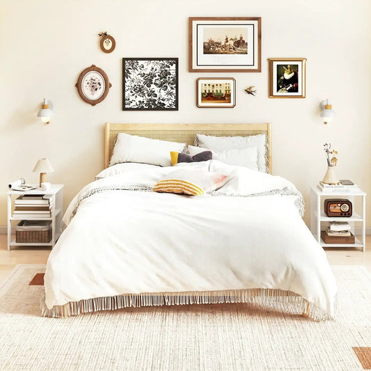 DirectDeals 3-Tier Square Side Table set of 2 in white with open storage shelves beside bed on Tampa Home & Garden Store