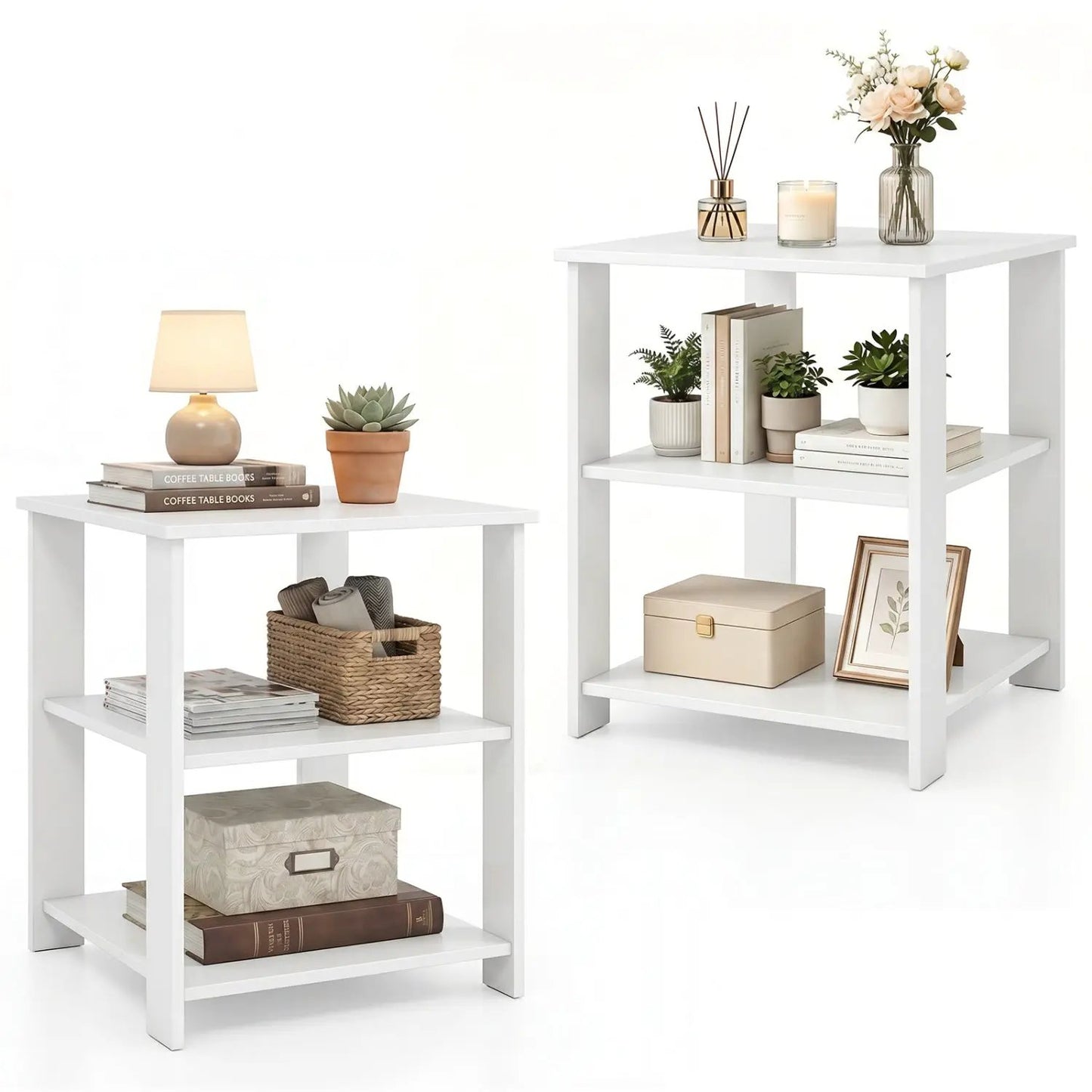 3-Tier Square Side Tables Set of 2 with Shelves