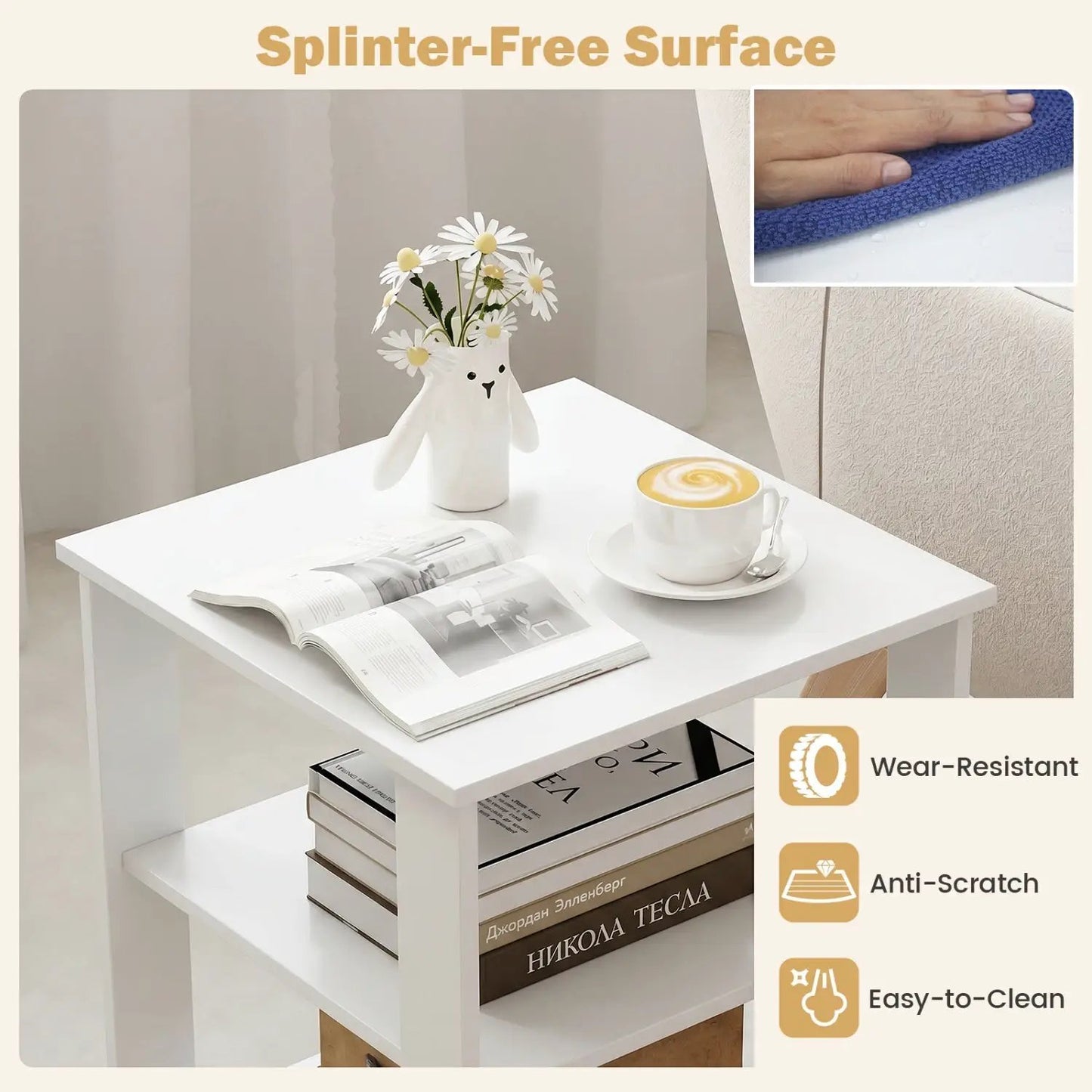 3-Tier Square Side Tables Set of 2 with Shelves