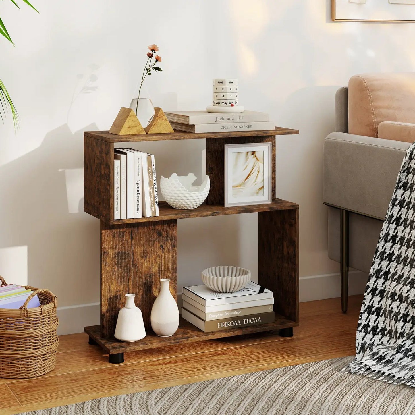 3-Tier S-Shaped Bookshelf With Adjustable Feet