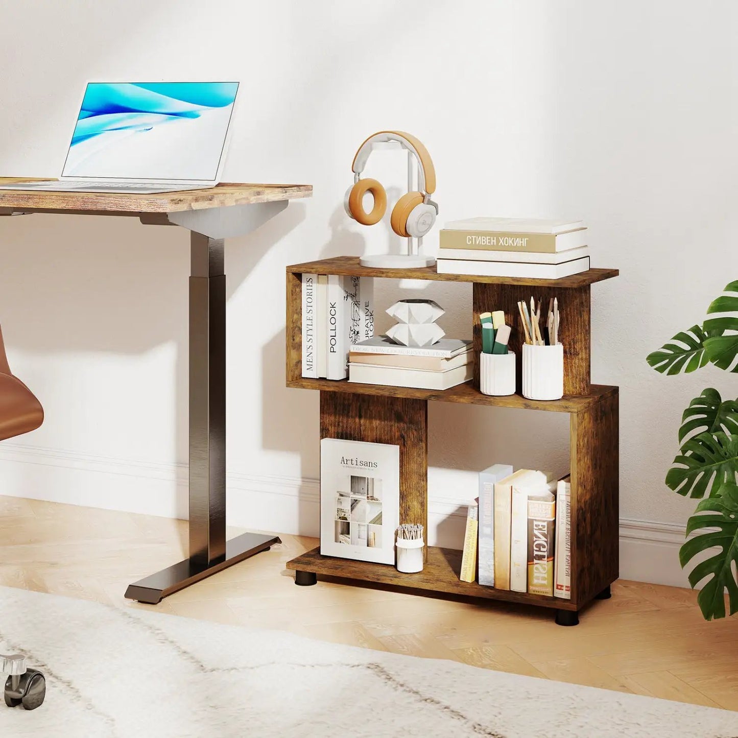 3-Tier S-Shaped Bookshelf With Adjustable Feet