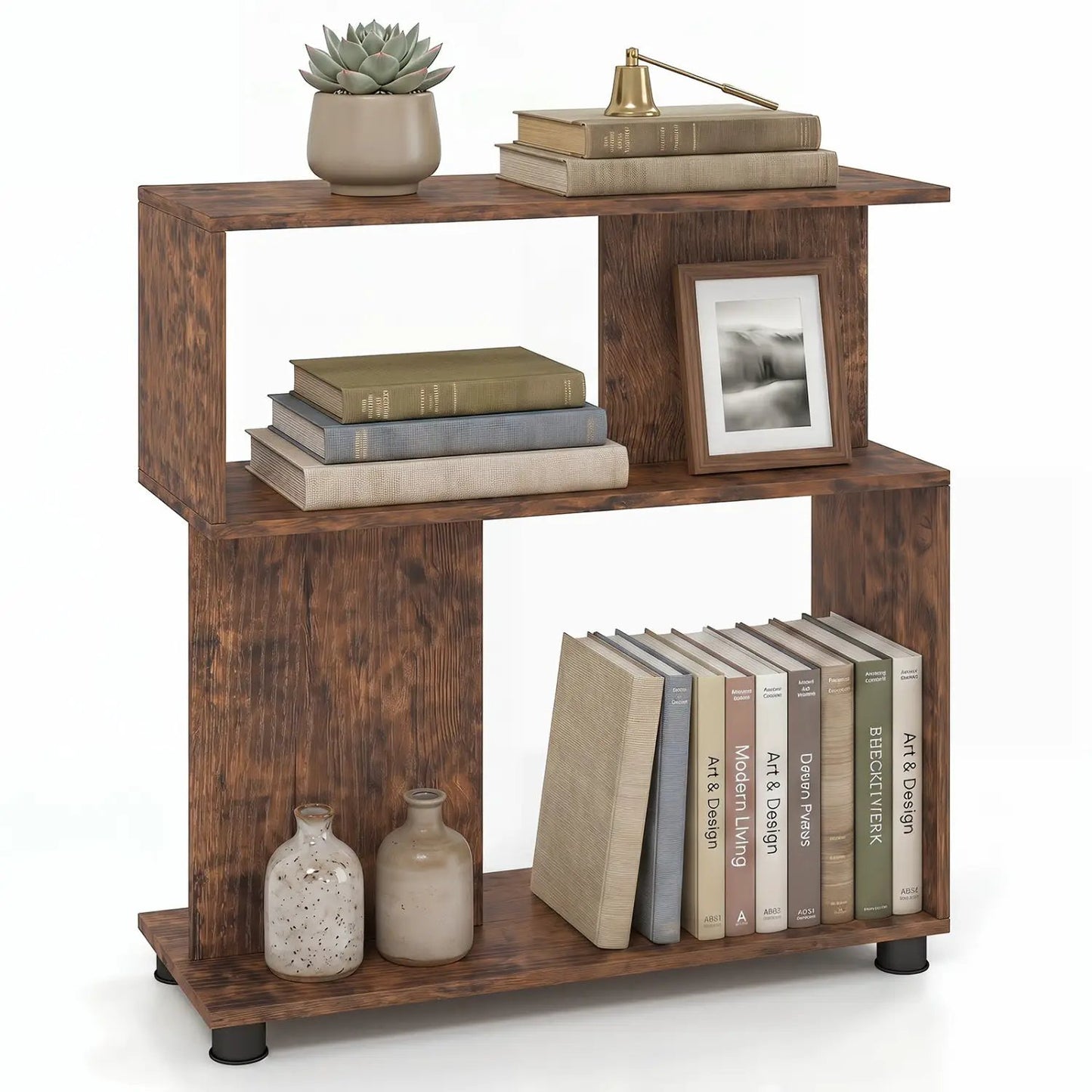 3-Tier S-Shaped Bookshelf With Adjustable Feet