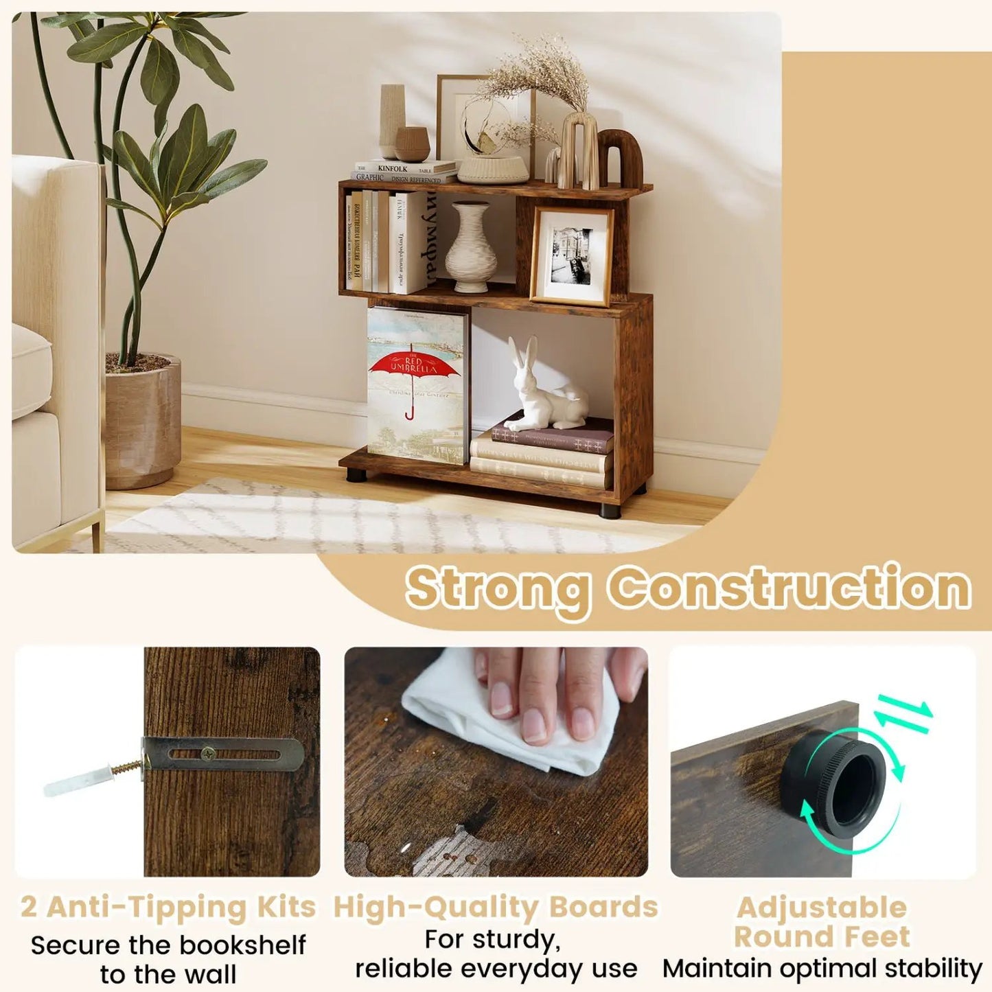 3-Tier S-Shaped Bookshelf With Adjustable Feet