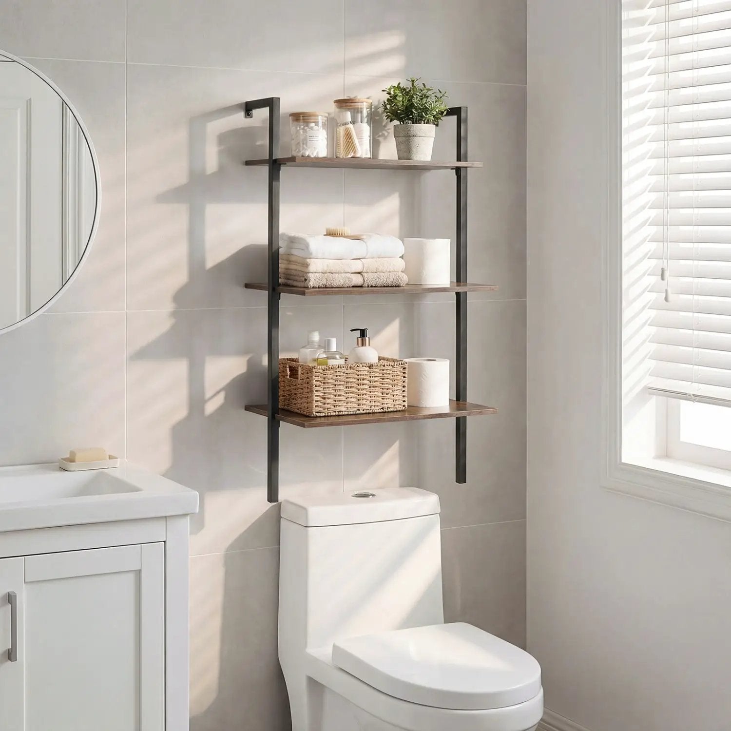 3-Tier Wall Mounted Ladder Bookshelf in rustic brown wood with black metal frame DirectDeals on Tampa Home & Garden Store