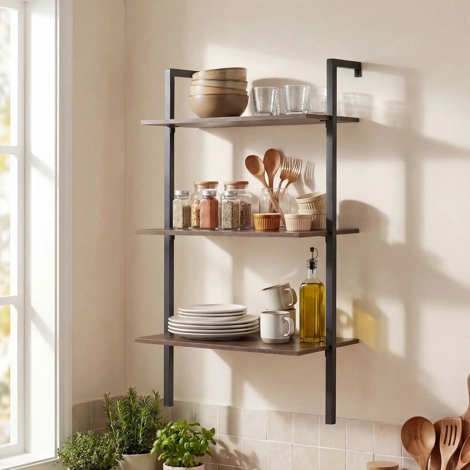 3-Tier Wall Mounted Ladder Bookshelf in Rustic Brown with black metal frame ideal storage on Tampa Home & Garden Store