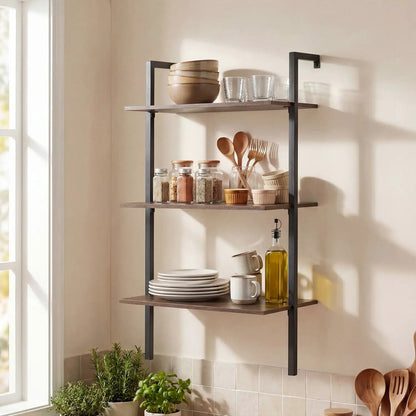 3-Tier Wall Mounted Ladder Bookshelf in Rustic Brown with black metal frame ideal storage on Tampa Home & Garden Store