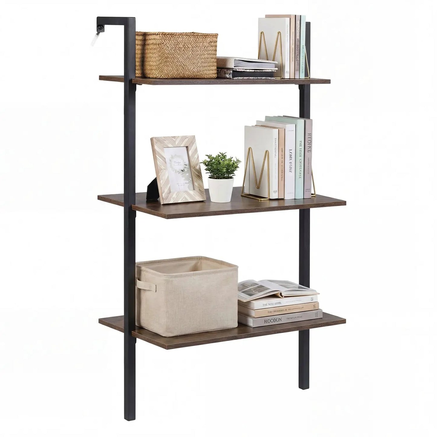 3-Tier Wall Mounted Ladder Bookshelf Rustic Brown with dark metal frame DirectDeals on Tampa Home & Garden Store