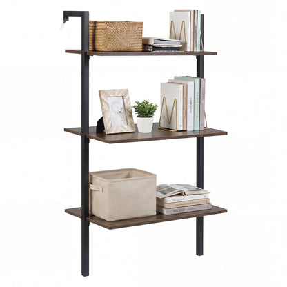 3-Tier Wall Mounted Ladder Bookshelf Rustic Brown with dark metal frame DirectDeals on Tampa Home & Garden Store
