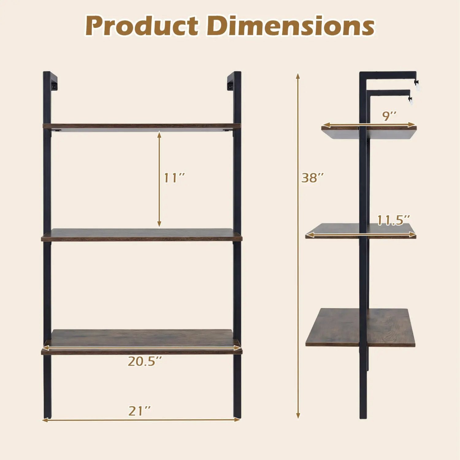 3-Tier Wall Mounted Ladder Bookshelf DirectDeals in Rustic Brown with black metal frame on Tampa Home & Garden Store