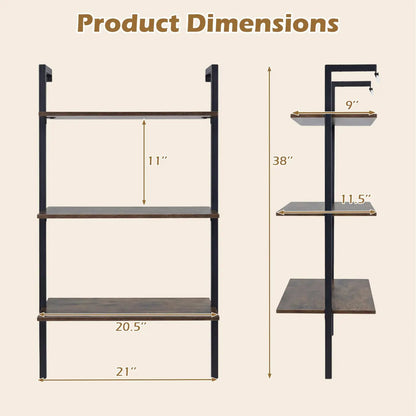 3-Tier Wall Mounted Ladder Bookshelf DirectDeals in Rustic Brown with black metal frame on Tampa Home & Garden Store
