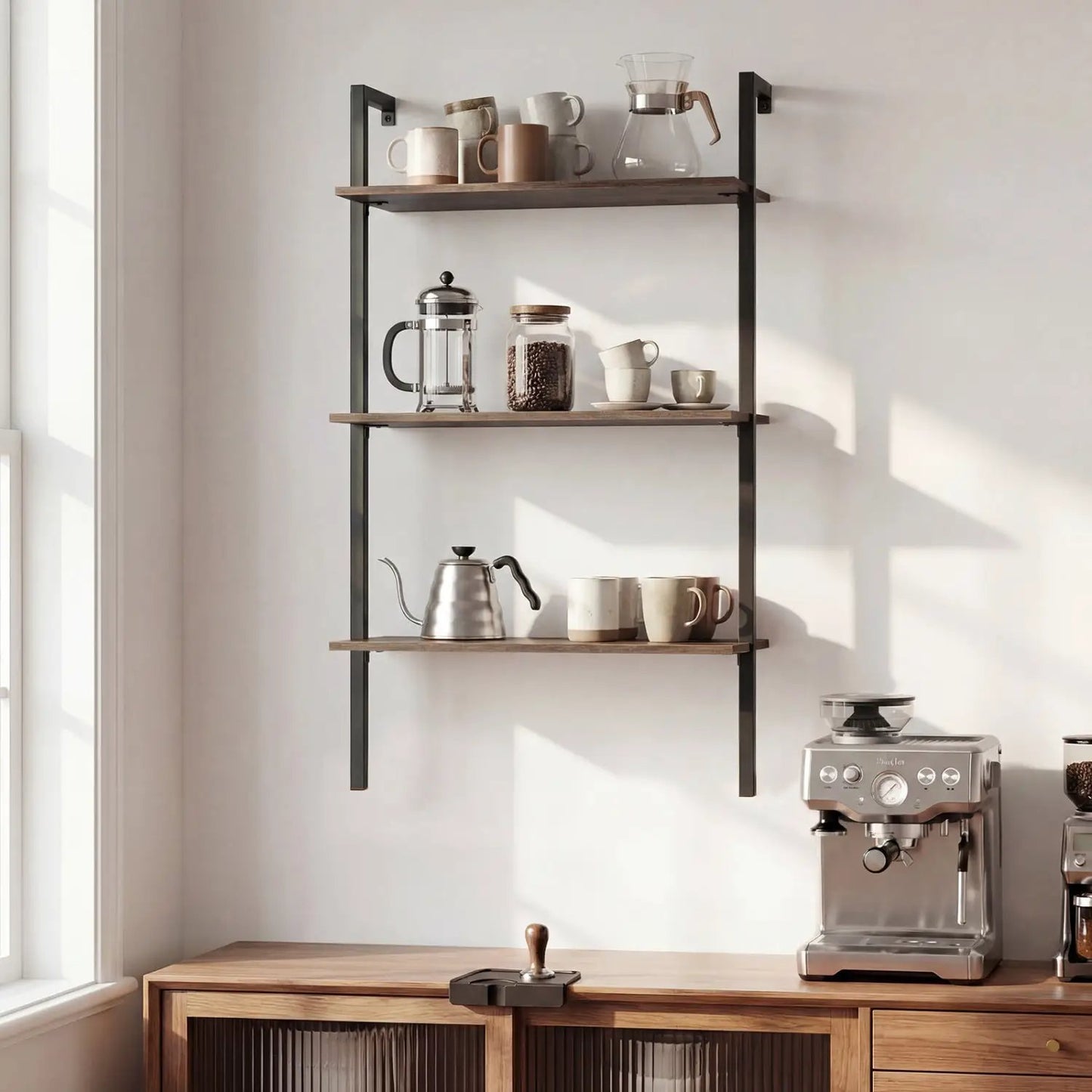 3-Tier Wall Mounted Ladder Bookshelf DirectDeals brown black metal frame on Tampa Home & Garden Store