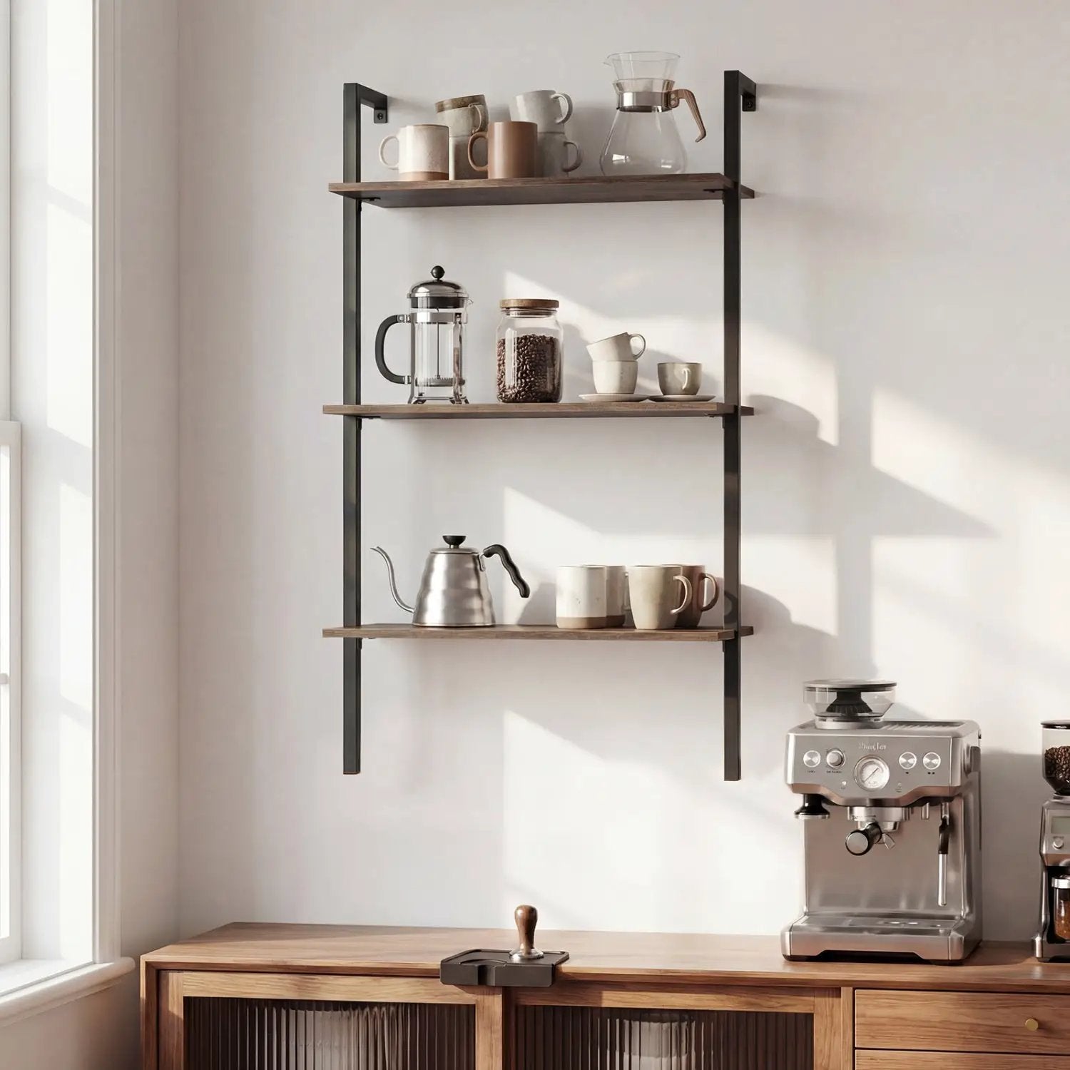 3-Tier Wall Mounted Ladder Bookshelf DirectDeals brown black metal frame on Tampa Home & Garden Store