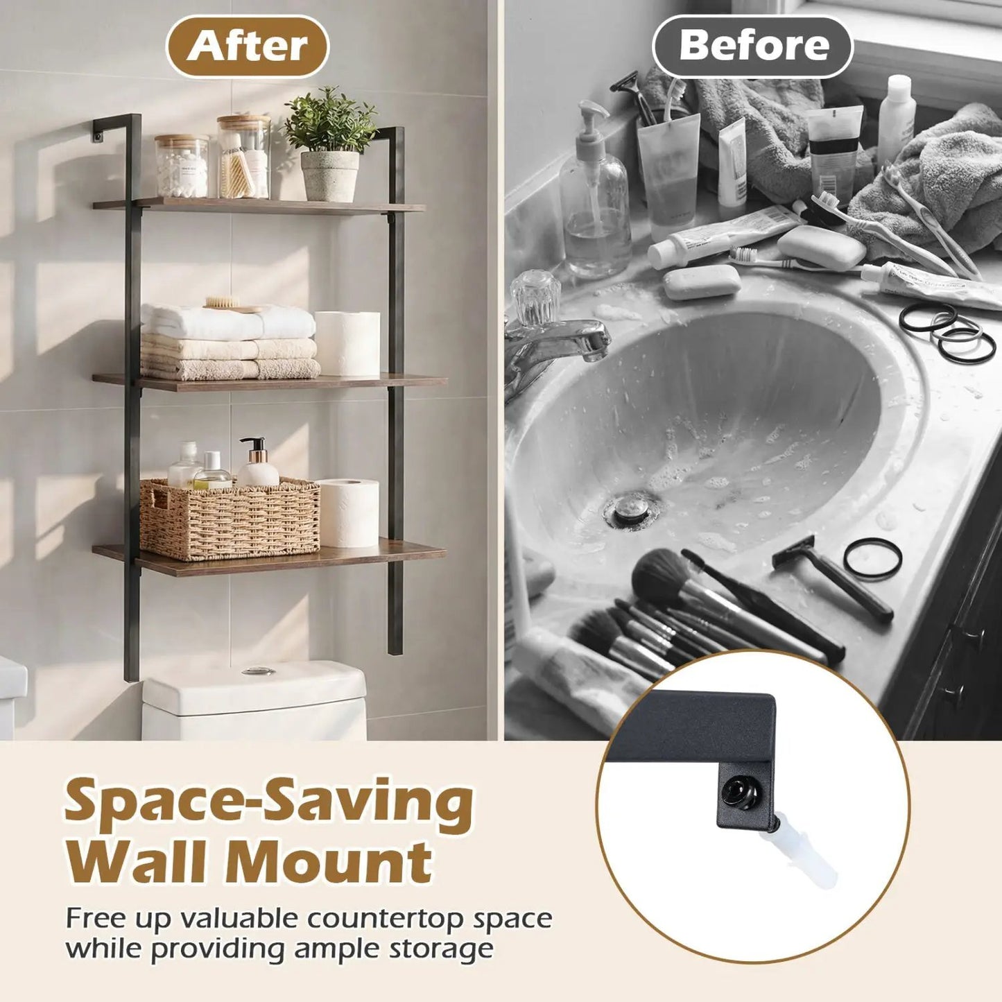 3-Tier Wall Mounted Ladder Bookshelf rustic brown with wood shelves and black frame on Tampa Home & Garden Store