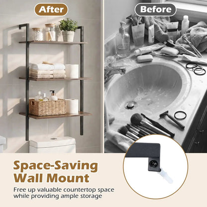 3-Tier Wall Mounted Ladder Bookshelf rustic brown with wood shelves and black frame on Tampa Home & Garden Store