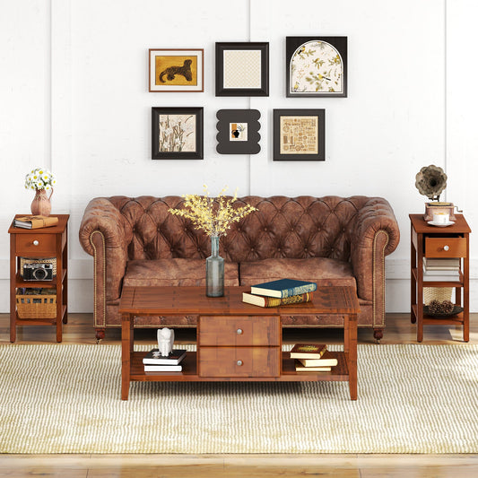 3-Tier Narrow End Table with Drawer and Storage Shelves Set of 2-Brown - Tampa Home & Garden Store