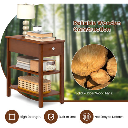 3-Tier Narrow End Table with Drawer and Storage Shelves Set of 2-Brown