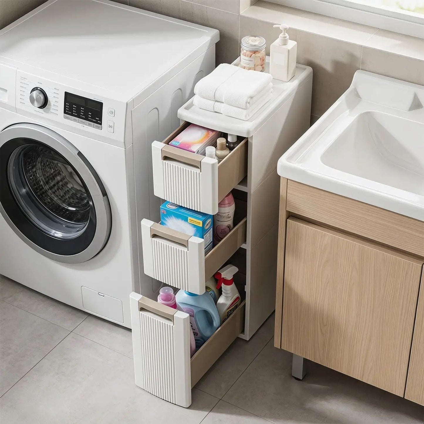 Narrow Storage Cabinet With Drawers and Dividers