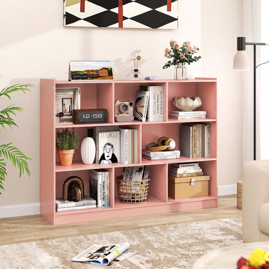 3-Tier Open Bookcase with 8 Cube Storage Shelves, pink finish filled with books and decor on Tampa Home & Garden Store