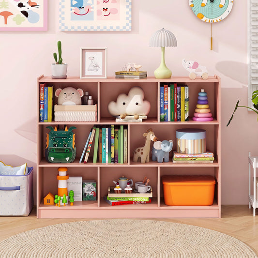 3-Tier Open Bookcase with 8 Cube Storage Shelves pink bookcase filled with books and toys DirectDeals on Tampa Home & Garden Store