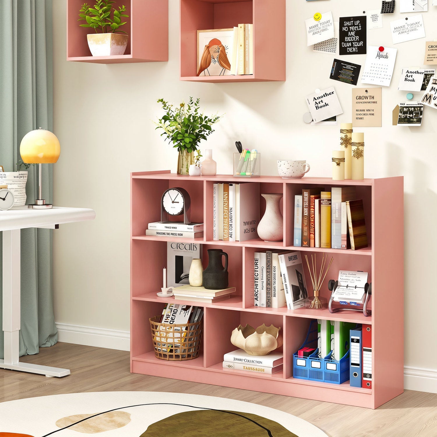 3-Tier Open Bookcase with 8 Cube Storage Shelves in pink, by DirectDeals, filled with books on Tampa Home & Garden Store