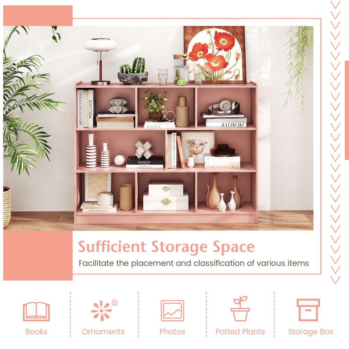 DirectDeals pink 3-tier bookcase with 8 cube storage shelves, featuring books, plants on Tampa Home & Garden Store
