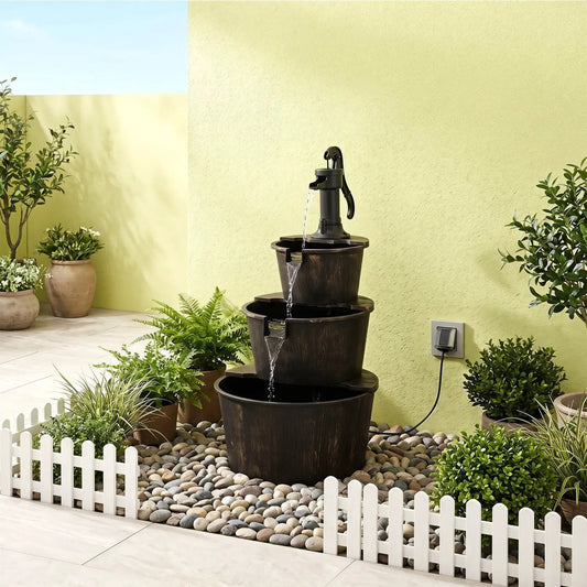 3-Tier Barrel Waterfall Fountain with Electric Pump in dark brown wood-grain finish, DirectDeals outdoor fountain on Tampa Home & Garden Store