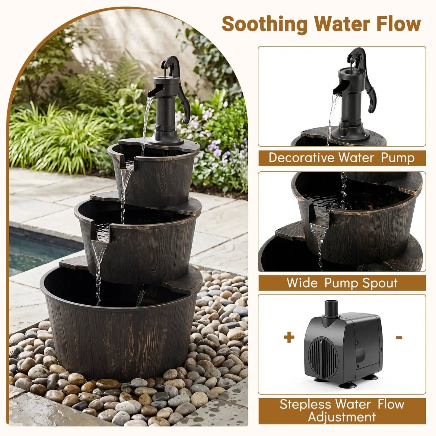 Three Tier Barrel Waterfall Fountain with Pump